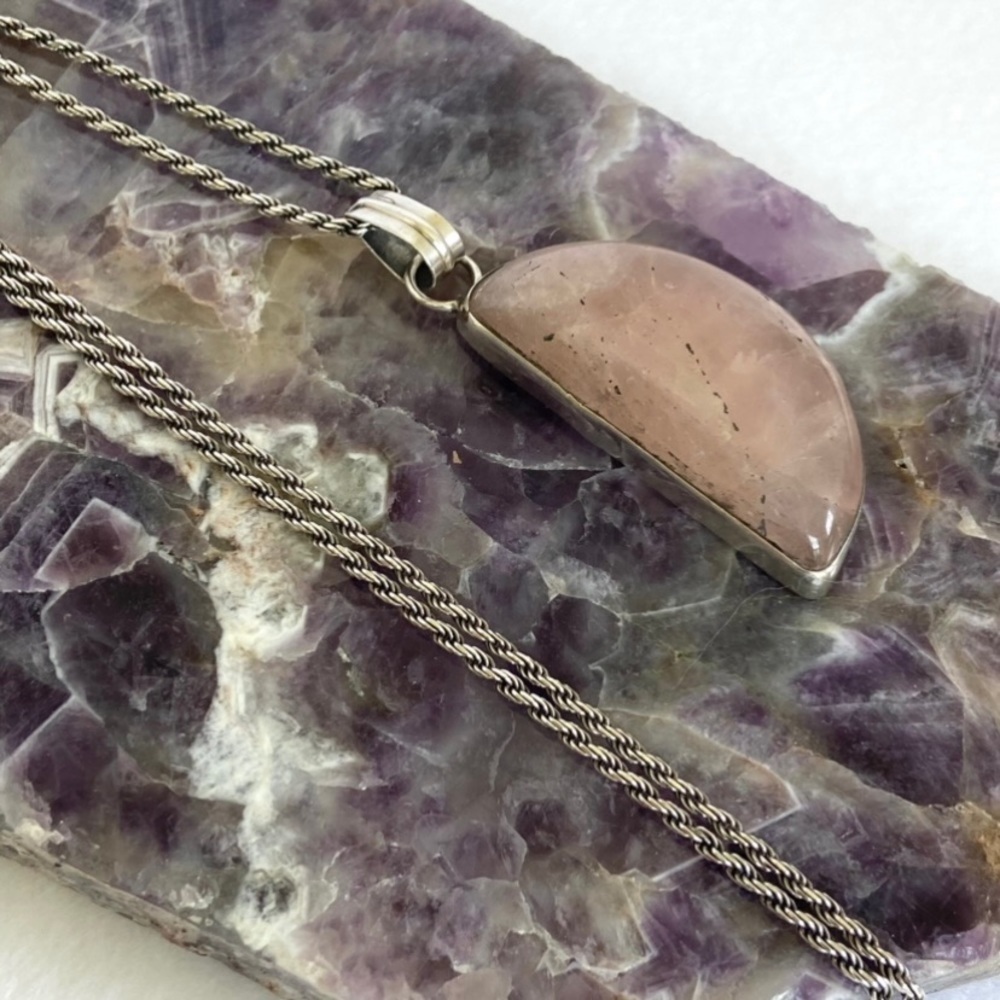 Sterling Silver 925 Pink Jadeite Jade 2” Semicircle Pendant Necklace 18” Chain